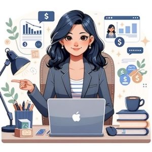 Illustrate a college student earning money online. Be sure to show the student with a smile and contented expression and also well-dressed